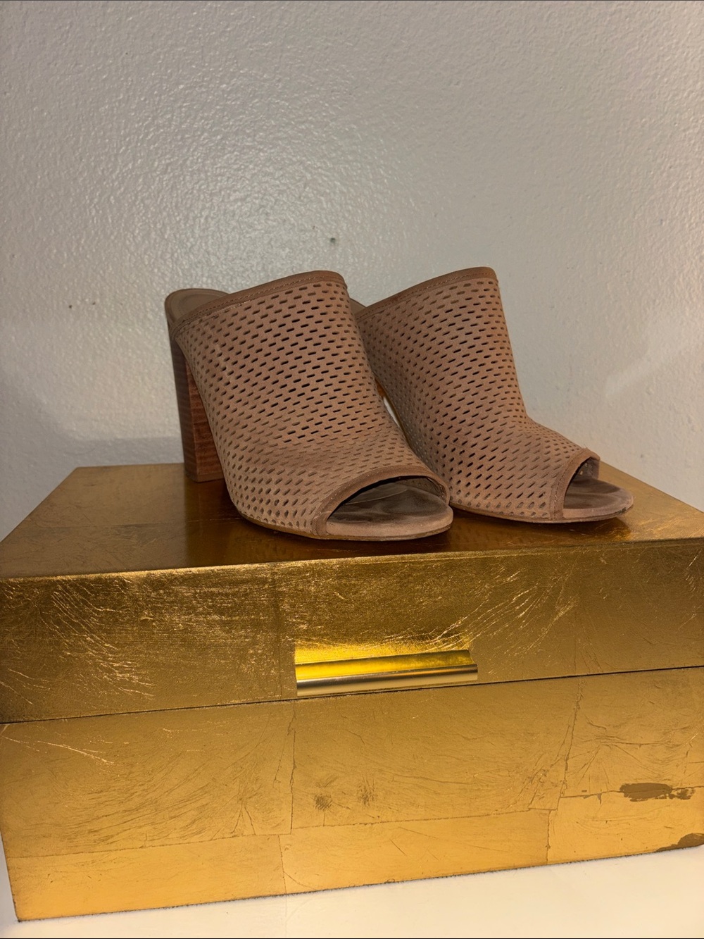 Aldo Perforated Open-Toe Mule Heels in Taupe